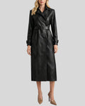 Front view of belted black leather trench coat women
