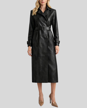 Front view of belted black leather trench coat women