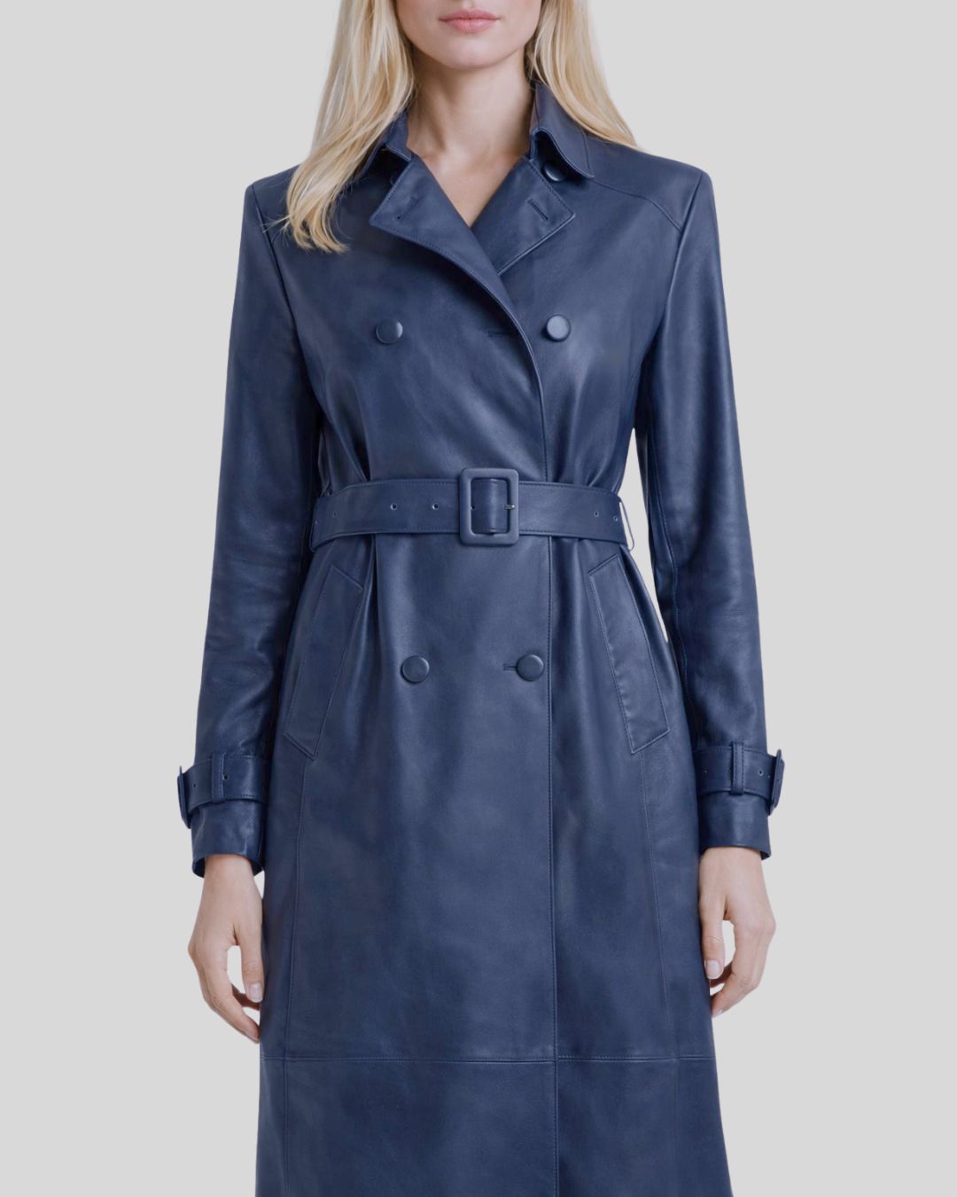 Close-up of blue leather trench coat buttons and belt