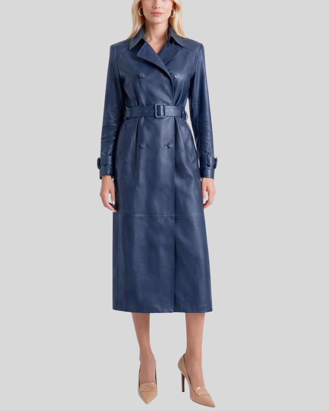 Front view of belted blue leather trench coat for women