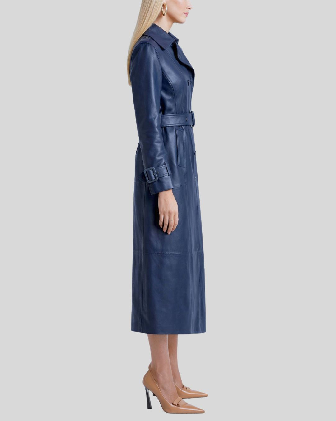 Front view of belted blue leather trench coat for women