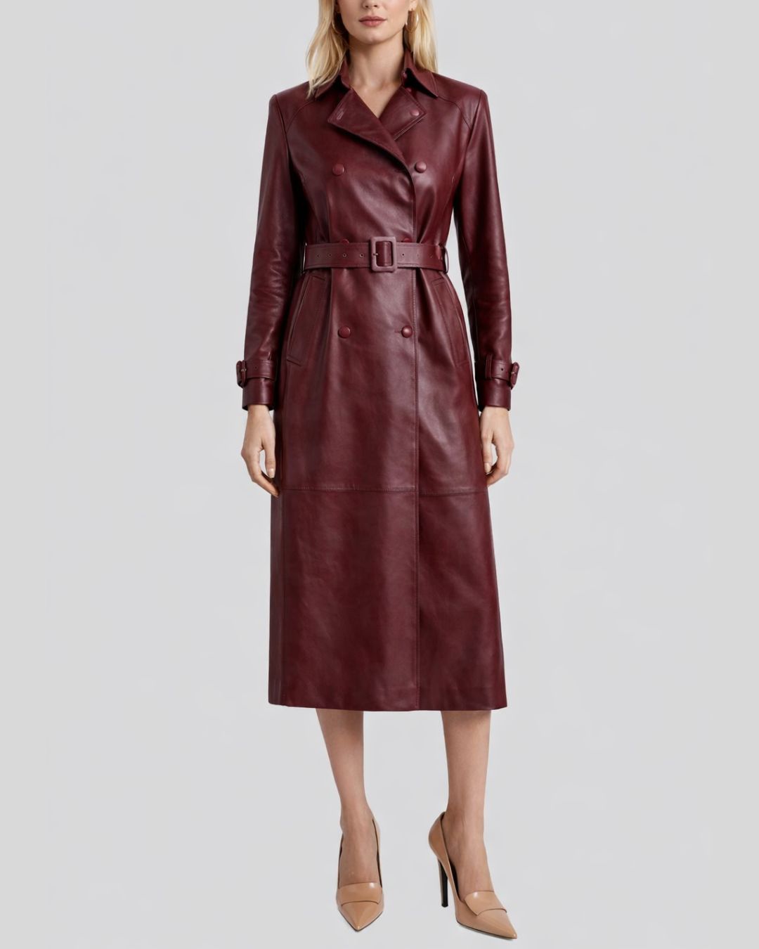 front view of belted burgundy leather trench coat women