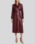 front view of belted burgundy leather trench coat women