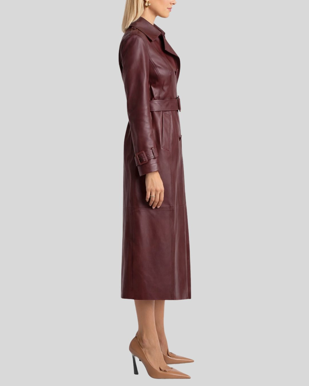 front view of belted burgundy leather trench coat women
