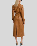 Back view of belted caramel leather trench coat