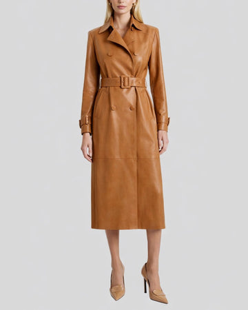 Front view of belted caramel leather trench coat women