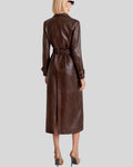 Back view of belted dark brown leather trench coat women