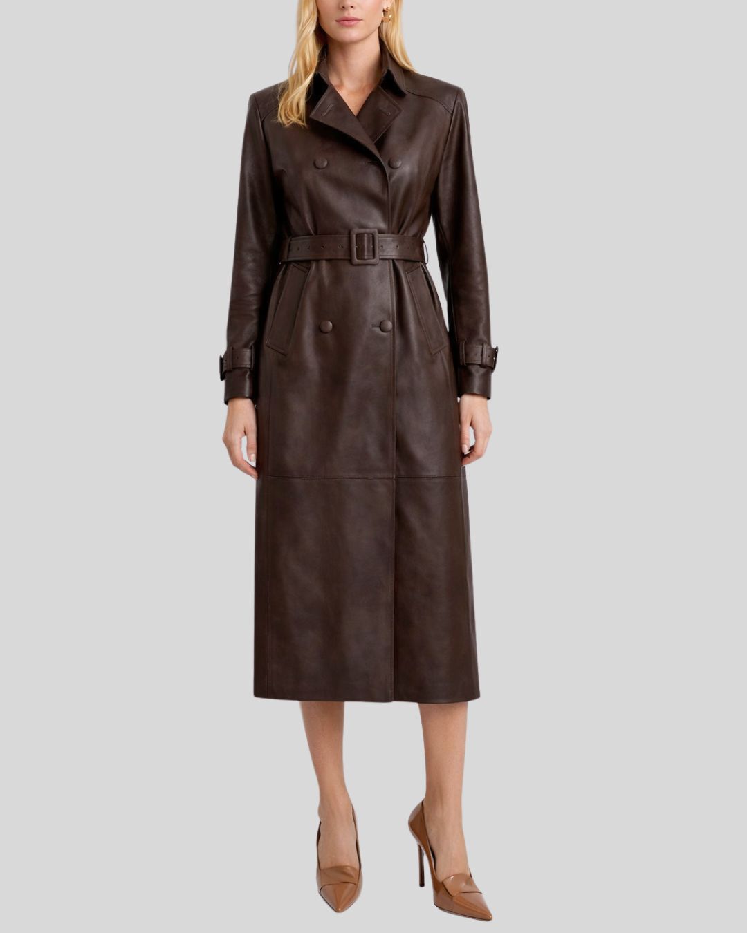 Front view of belted dark brown leather trench coat women