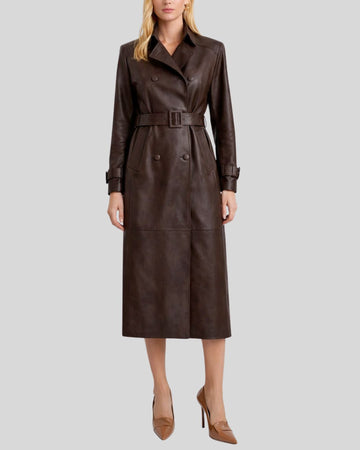 Front view of belted dark brown leather trench coat women