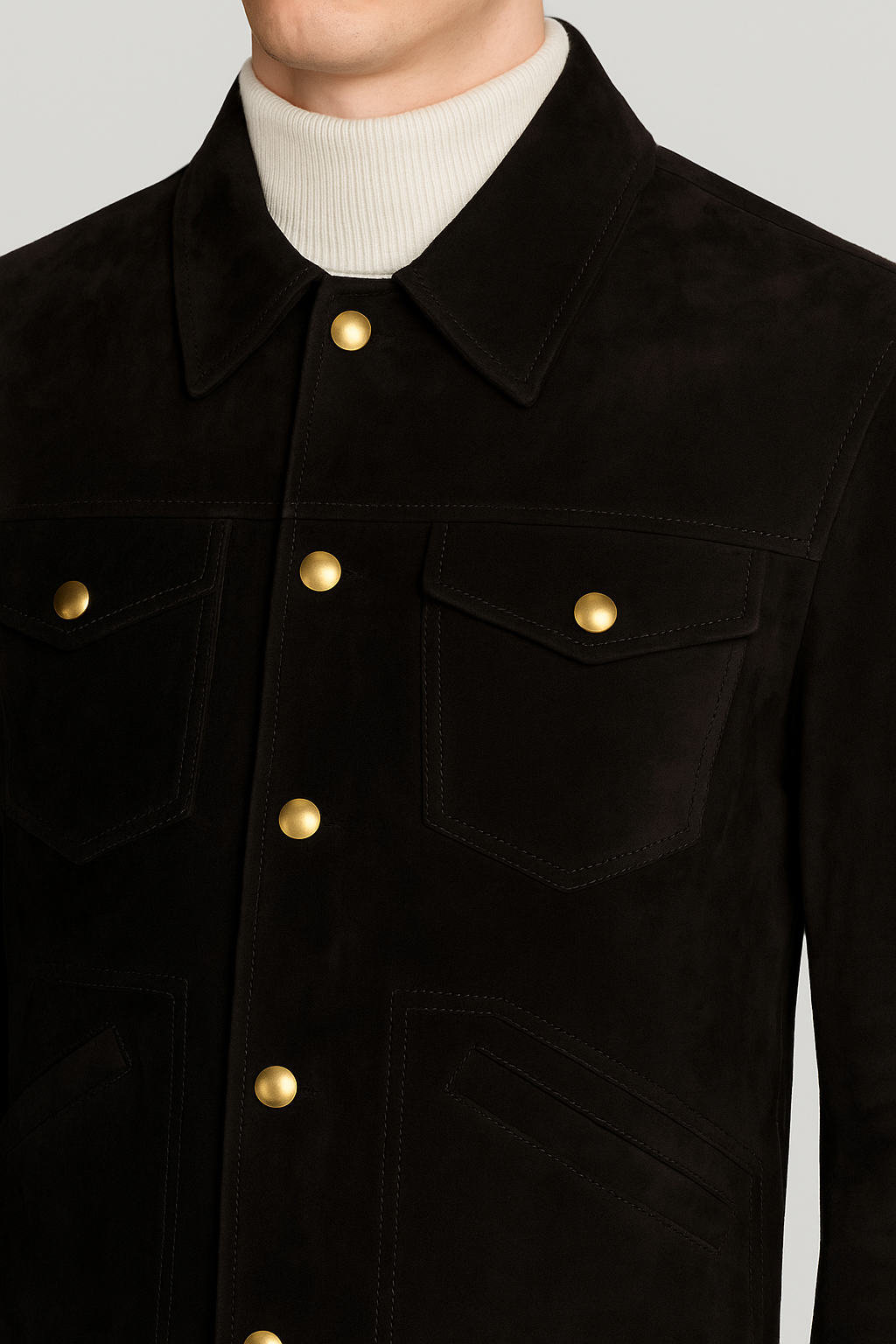 Close-up gold button and collar detail – Jet Noir Black Suede Jacket