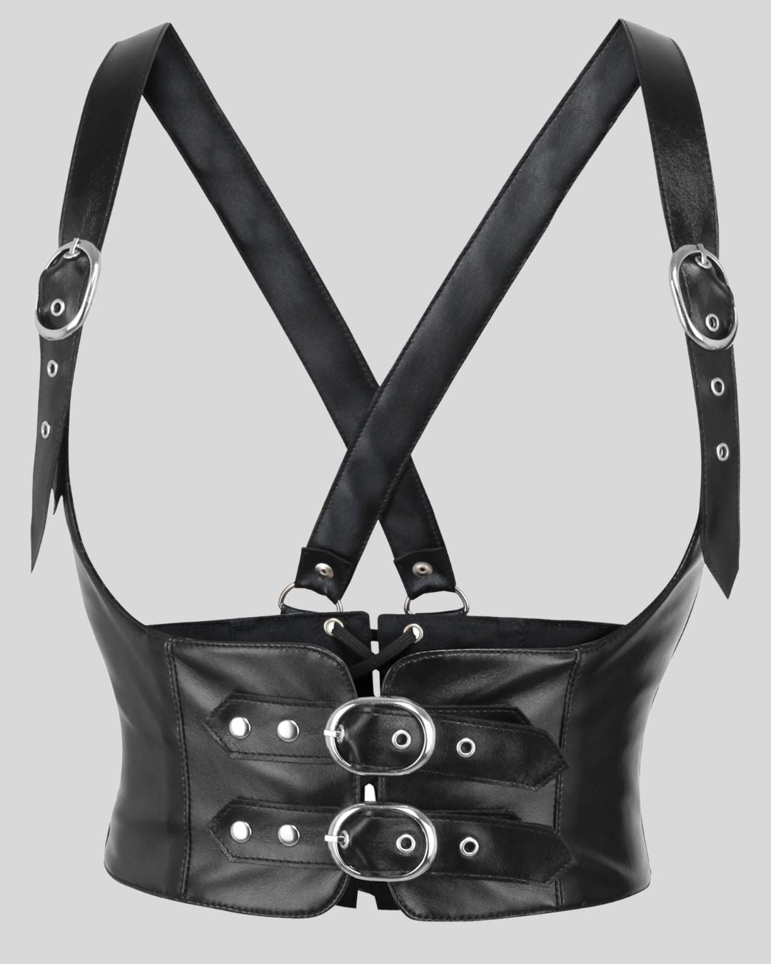 black leather corset harness with double buckle closure and silver rivets