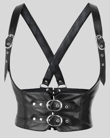 black leather corset harness with double buckle closure and silver rivets