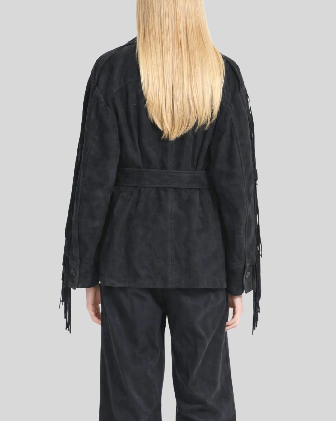 Back view of black suede fringe jacket women