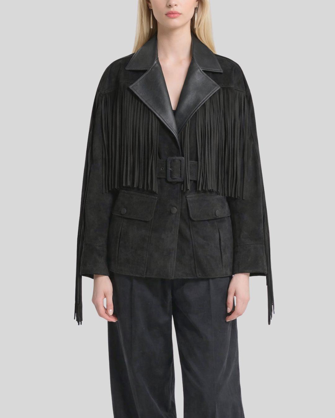 Front belted view of black suede fringe jacket for women