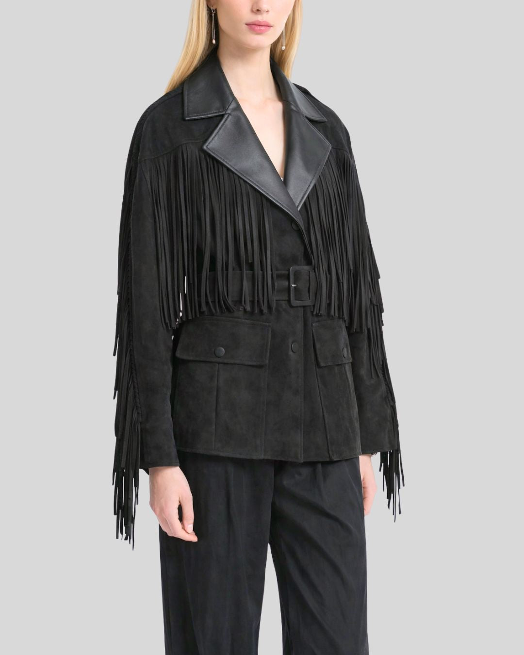 Angled view of black suede fringe jacket women
