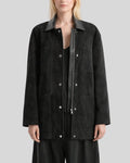 Open front view of black suede jacket with leather collar