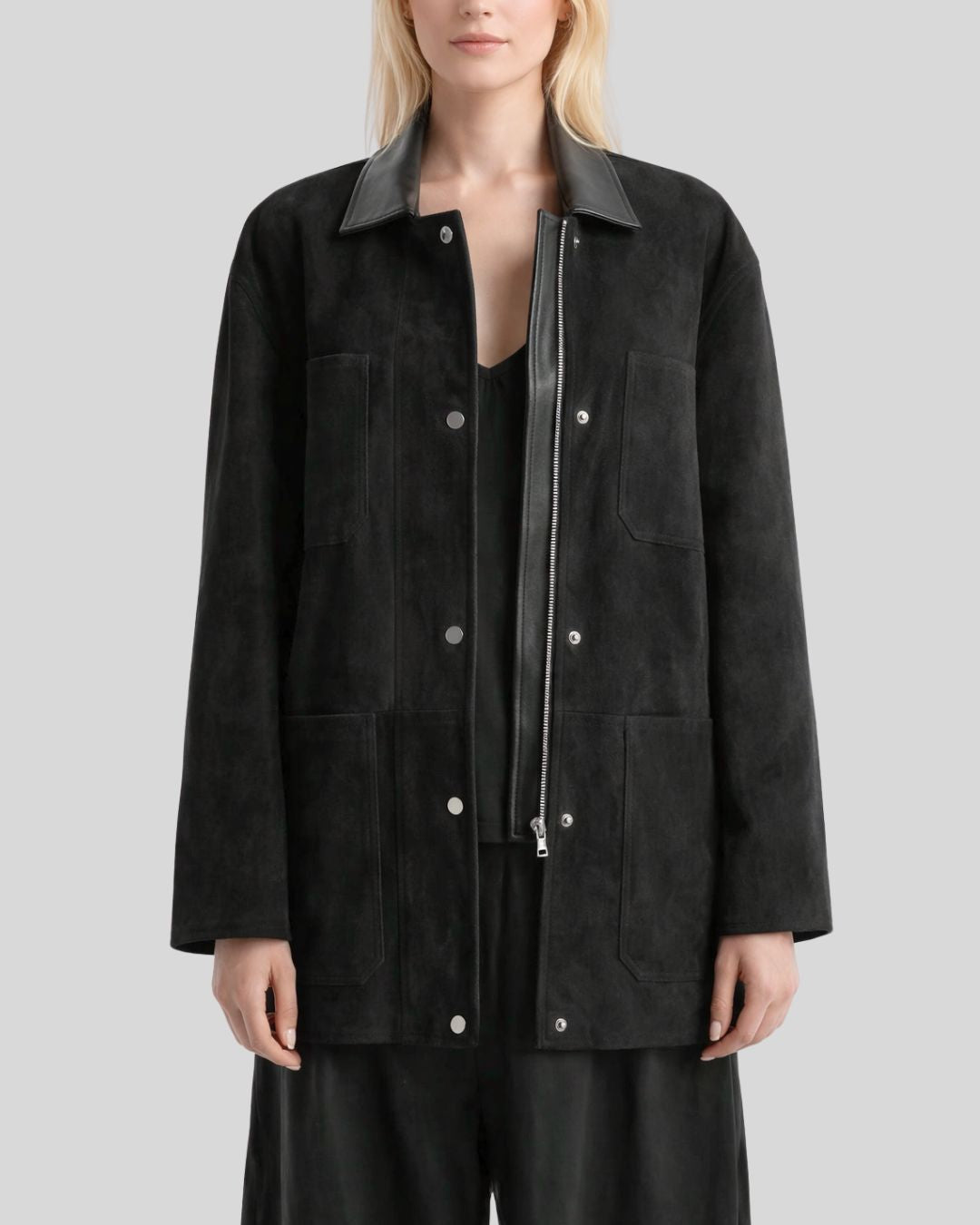 Open front view of black suede jacket with leather collar