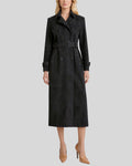 Front view of black suede trench coat for women with belted waist and long silhouette