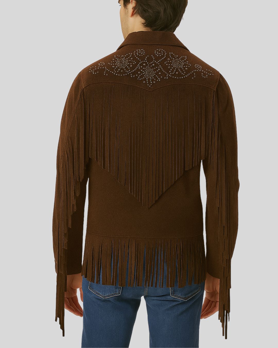 Front view of studded fringe suede jacket for men