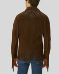 Back view of brown suede western fringe jacket
