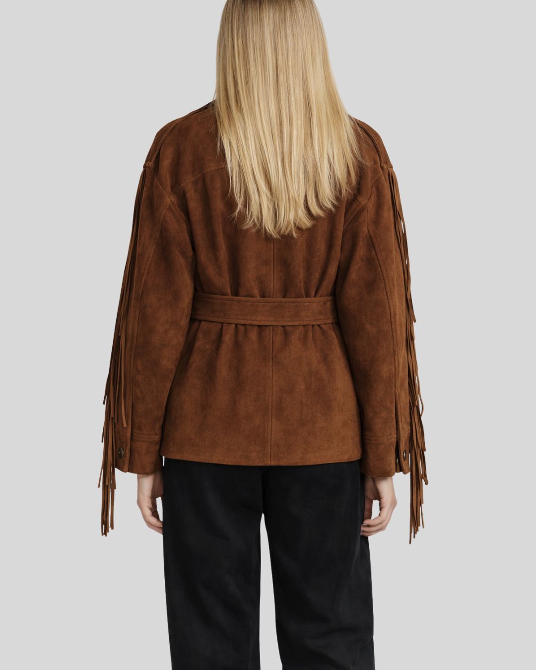 Front view of brown suede fringe jacket women