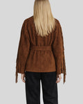 Back view of brown suede fringe jacket women