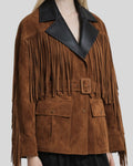 Close-up of brown suede fringe jacket women detailing