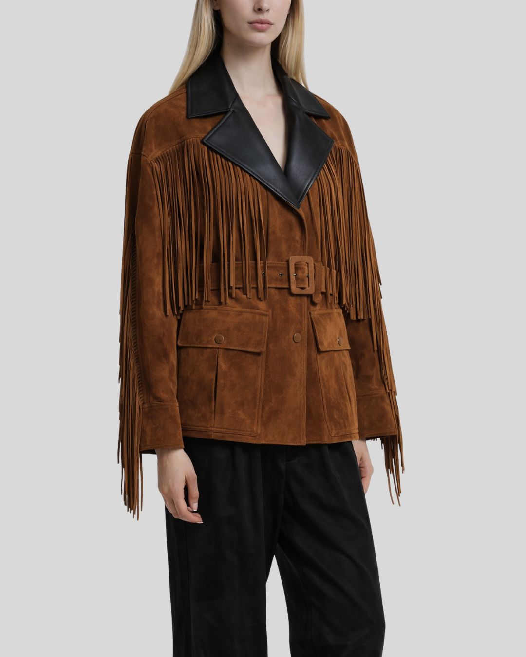 Angled view of brown suede fringe jacket women