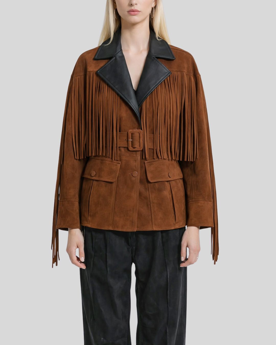 Front view of brown suede fringe jacket women