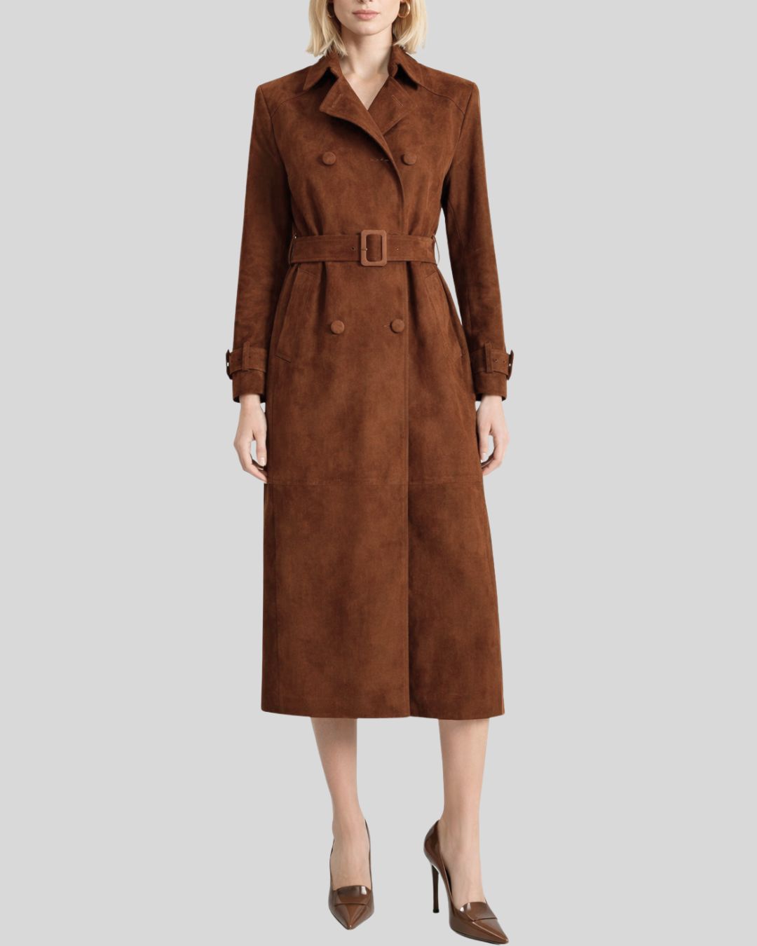 Front view of brown suede trench coat for women with double breasted design and belt