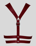 back view of burgundy leather body harness with wide crossover straps