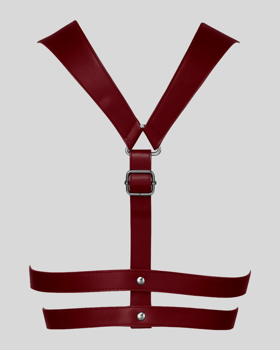 back view of burgundy leather body harness with wide crossover straps