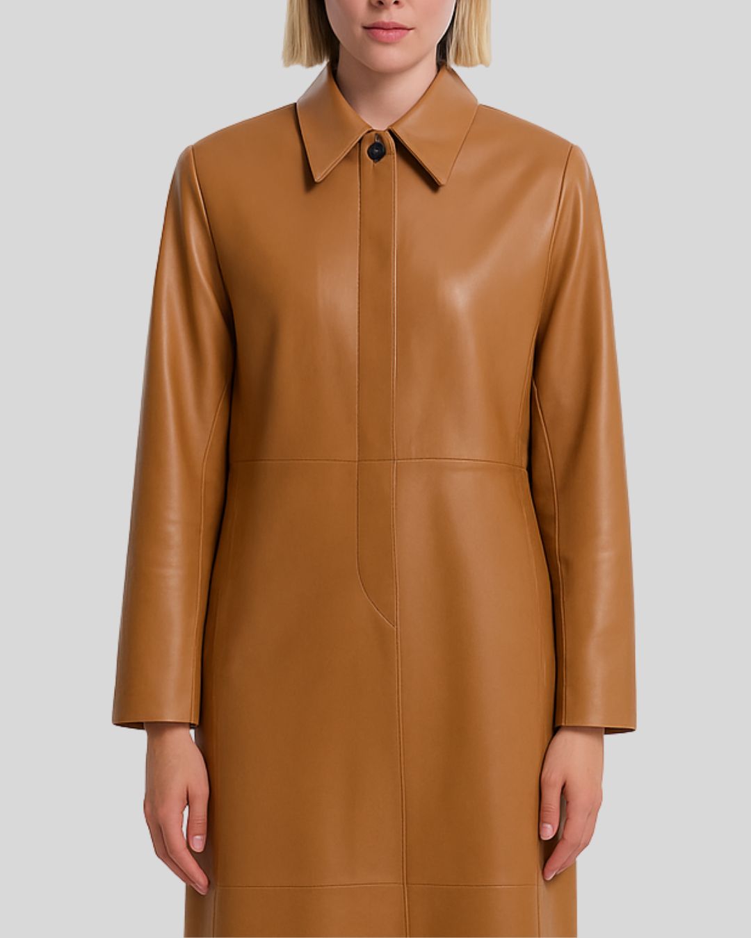 Camel leather trench coat for women – close-up of collar and concealed placket