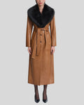 Studio flat front view of caramel faux fur leather trench coat
