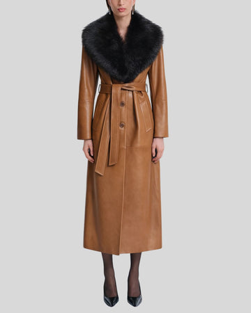 Studio flat front view of caramel faux fur leather trench coat