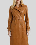 close view of caramel leather trench coat women