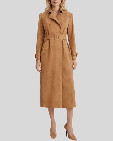 Full-length view of chic tan suede trench coat for women