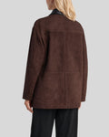 Back view of cocoa button up suede jacket