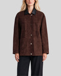 Front view of cocoa button up suede jacket