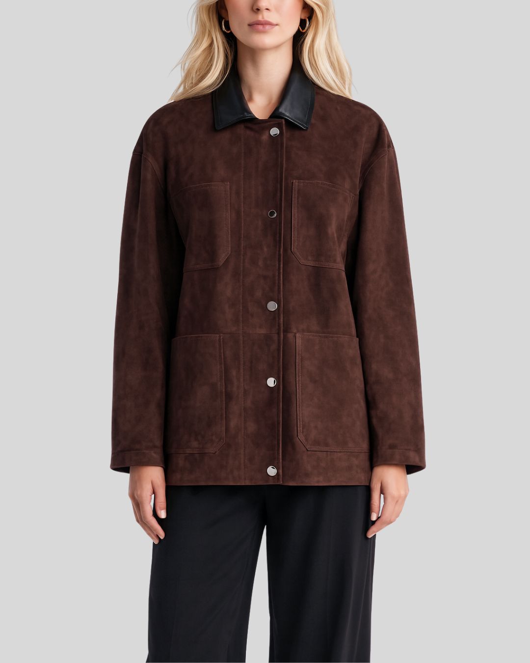 Front view of cocoa button up suede jacket