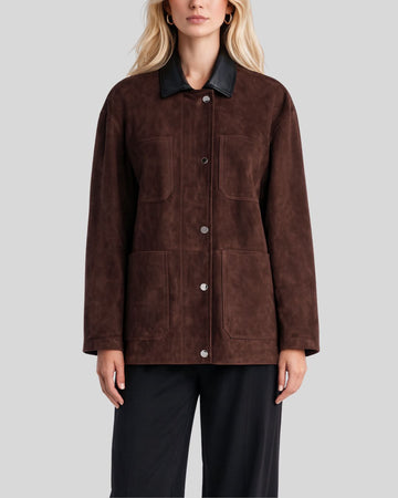 Front view of cocoa button up suede jacket