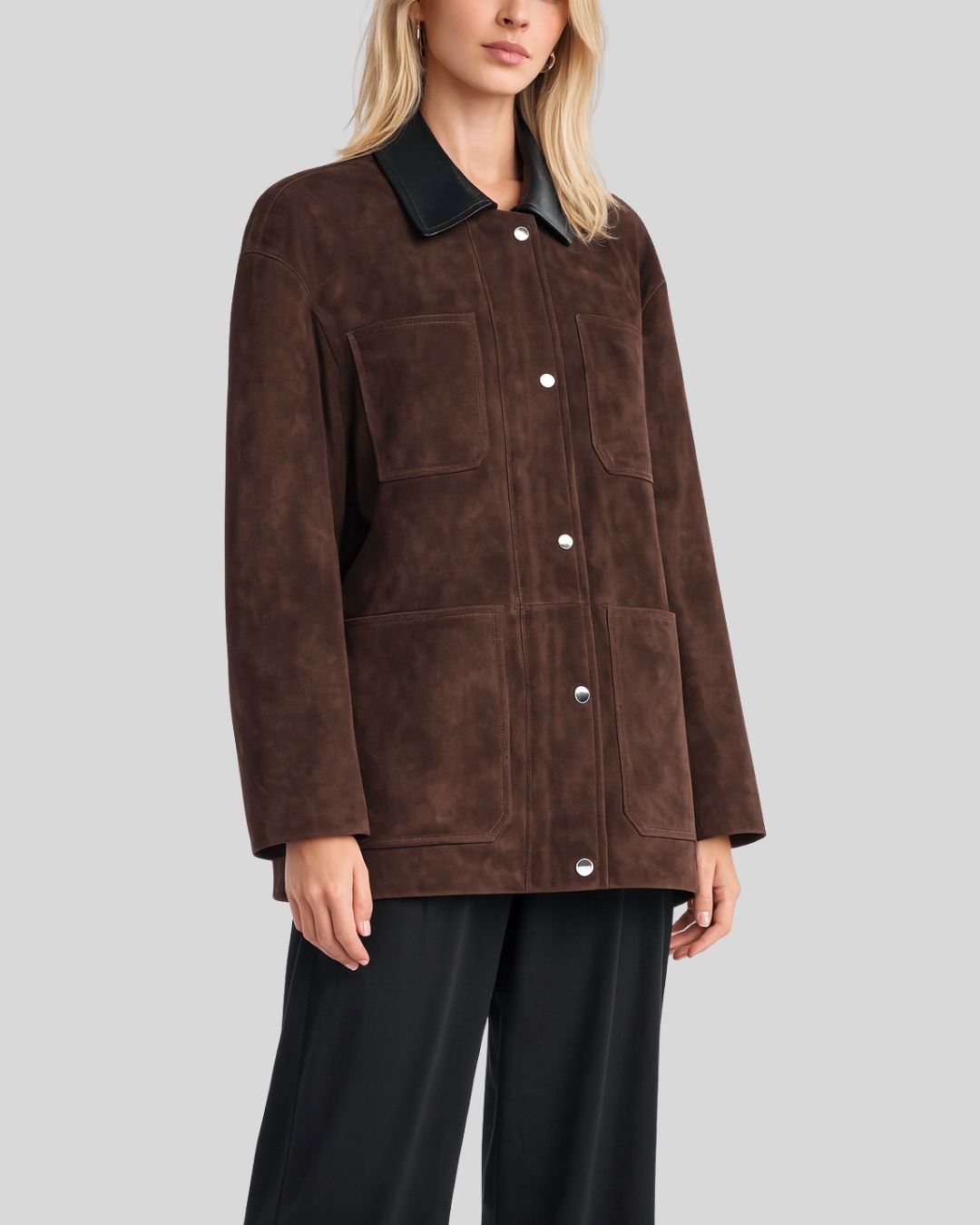 Angled view of cocoa button up suede jacket