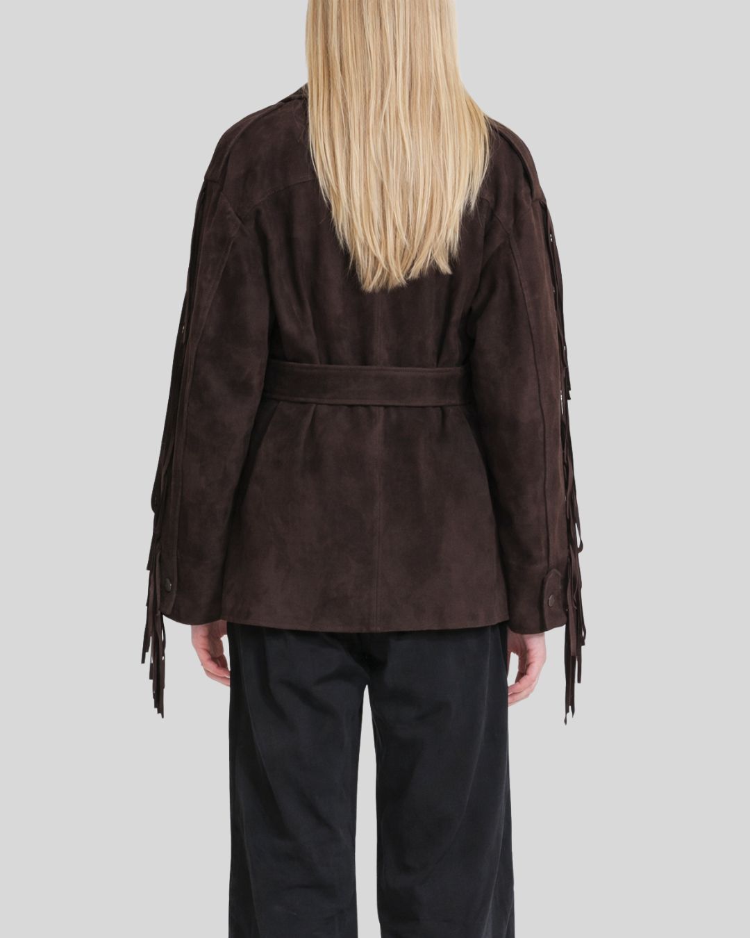 Back view of coffee brown suede fringe jacket women