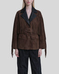 Belted front view of coffee brown suede fringe jacket women