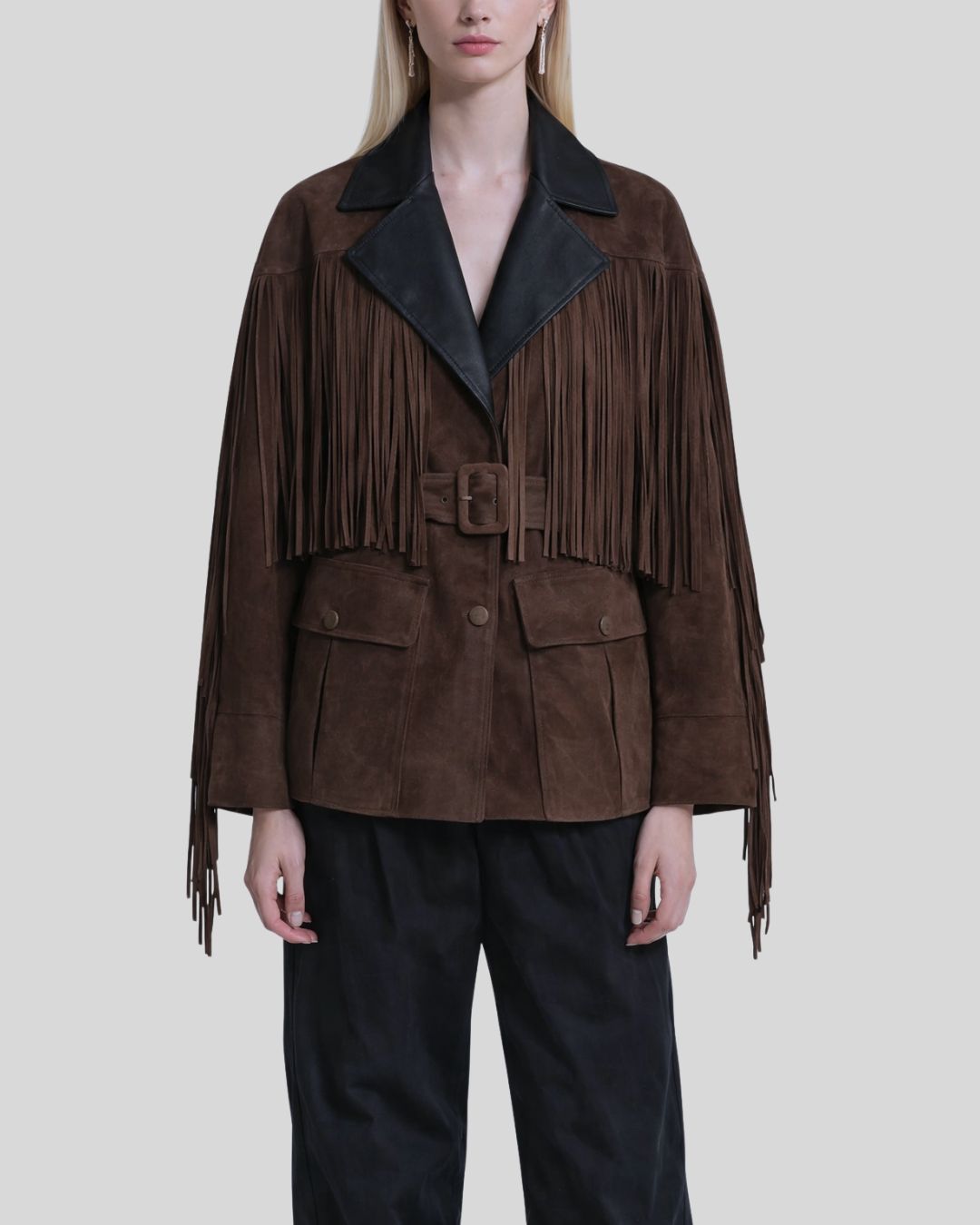 Belted front view of coffee brown suede fringe jacket women