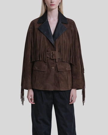 Belted front view of coffee brown suede fringe jacket women