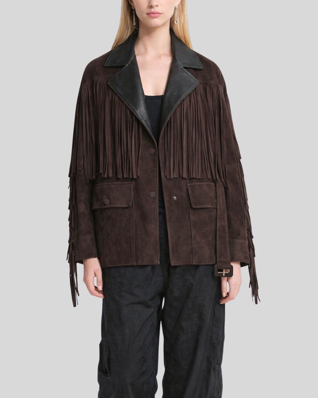 Belted front view of coffee brown suede fringe jacket women