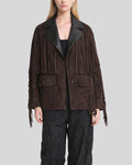Front view of coffee brown suede fringe jacket women