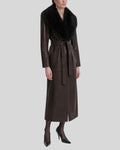 Dark brown faux fur leather trench coat women side angle