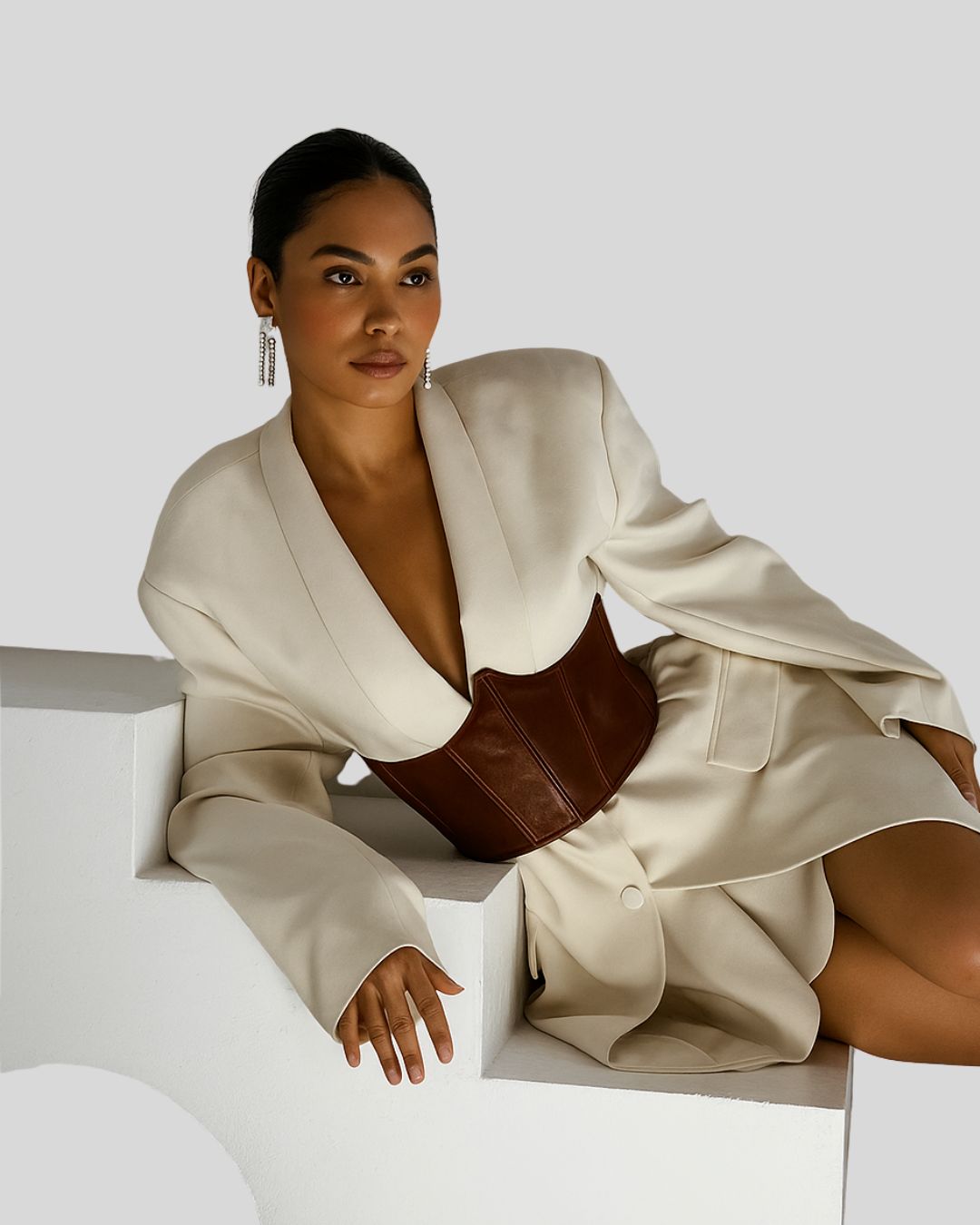 model in cream blazer styled with brown leather underbust corset belt